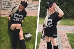 Wokalistka duetu XOXO Natalia Siemieniecka w nowej stylizacji. Koszulka NFL, perły i czarne kozaki