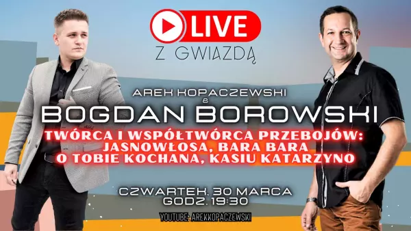 Arek Kopaczewski zaprasza do studia legendę muzyki disco polo z lat 90-tych - nie przegap transmisji na żywo! Gościem Bogdan Borowski!