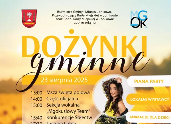 Program Dożynek Gminnych 2025 w Janikowie z koncertami D-BOMB, Roxaok i Justyny Lubas