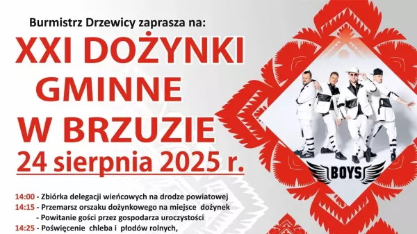 XXI Dożynki Gminne w Brzuzie 2025 z koncertami Boys i Marty Bejmy