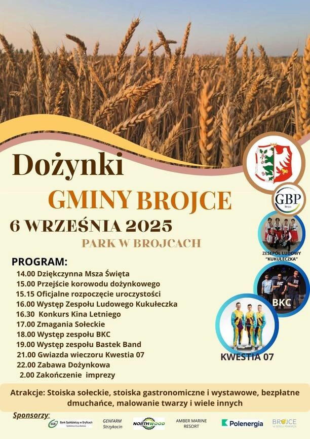 Dożynki Gminy Brojce 2025 – program wydarzenia i koncert Kwestia 07 w roli gwiazdy wieczoru