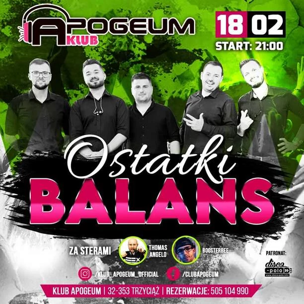 Niezapomniany koncert zespołu weselnego Balans w klubie Apogeum już 18 lutego!