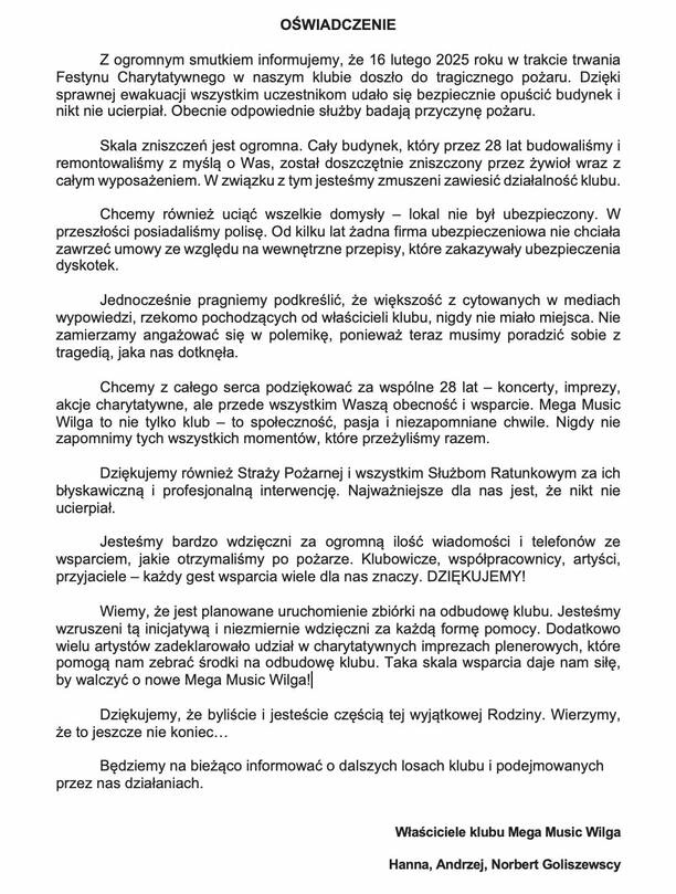 Pożar w klubie Mega Music Wilga. Właściciele przerwali milczenie po tragedii "Chcemy uciąć wszelkie domysły"
