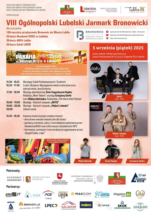 VIII Ogólnopolski Lubelski Jarmark Bronowicki 2025 w Lublinie z koncertami Defis i Piękni i Młodzi