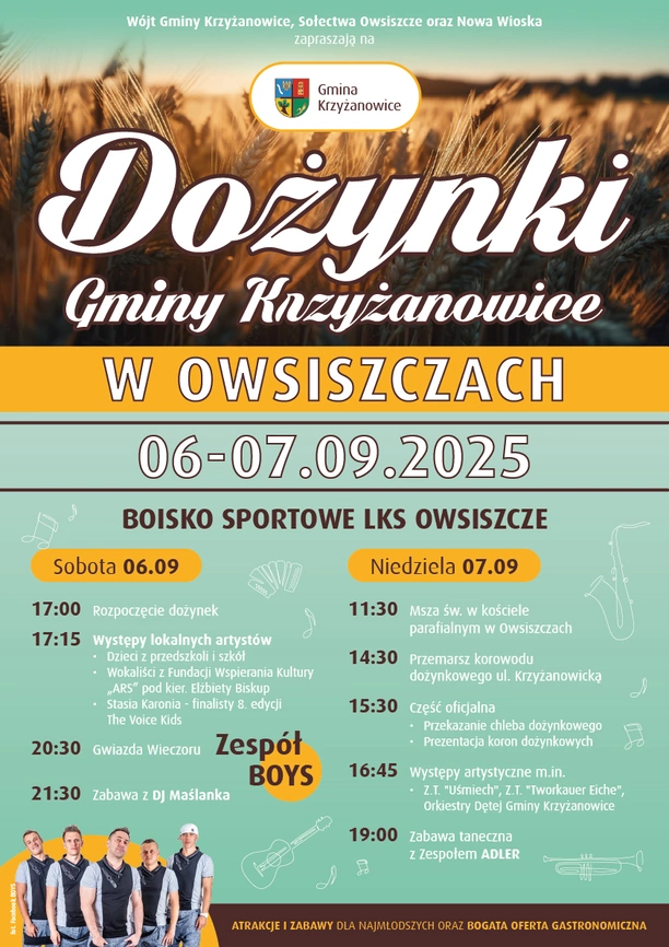 Dożynki Gminy Krzyżanowice 2025 w Owsiszczach z koncertem zespołu BOYS i bogatym programem artystycznym