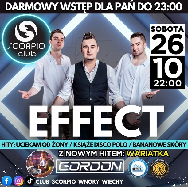 Formacja Effect na żywo w Scorpio! Szykuj się na największe hity disco polo już w sobotę – wpadniesz?
