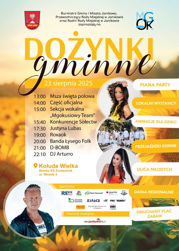 Program Dożynek Gminnych 2025 w Janikowie z koncertami D-BOMB, Roxaok i Justyny Lubas