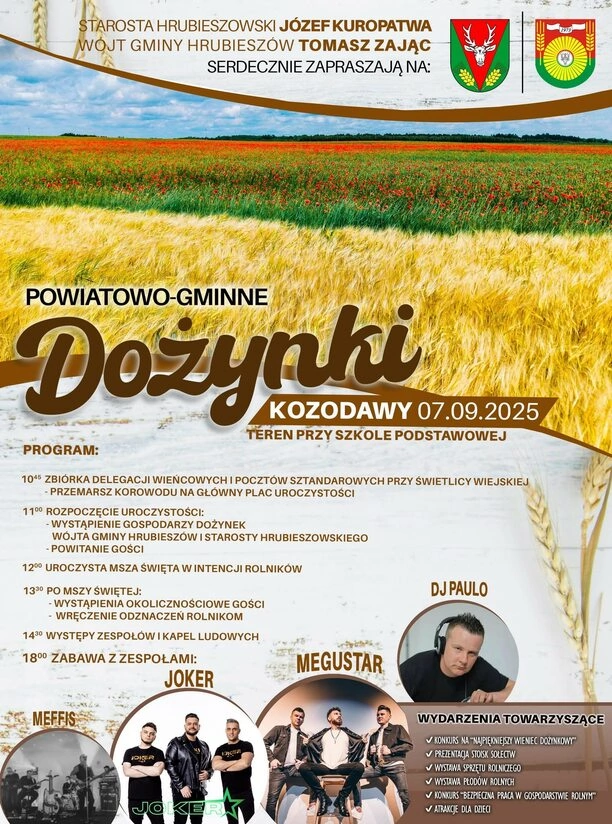 Dożynki w Kozodawach 2025 – wielkie święto plonów, koncerty Joker, Megustar, Meffis i DJ Paulo oraz atrakcje dla mieszkańców