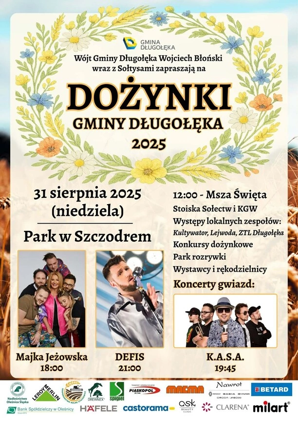 Dożynki Gminy Długołęka 2025 w Parku w Szczodrem z koncertami Defis, Majki Jeżowskiej i K.A.S.A.