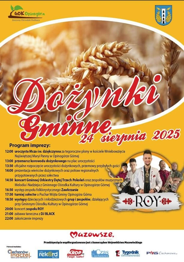Dożynki Gminne 2025 w Opinogórze z koncertem zespołu ROY i bogatym programem