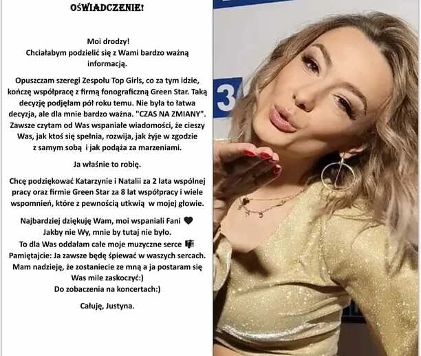 Justyna Lubas opuszcza zespół Top Girls! Mamy jej oświadczenie! Zobaczcie co napisała!