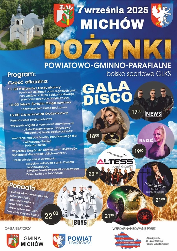 Dożynki Powiatowo-Gminno-Parafialne w Michowie 2025 z koncertami największych gwiazd disco polo