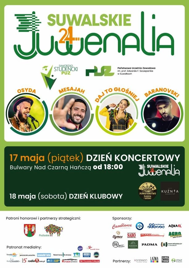 Suwalskie Juwenalia 2024: Kto wystąpi? Daj To Głośniej, Mesajah, Osyda i Baranovski