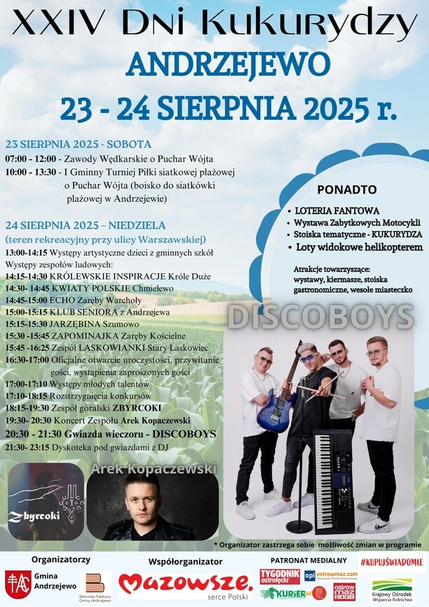 Dni Kukurydzy Andrzejewo 2025 z koncertem Discoboys i występem Arka Kopaczewskiego