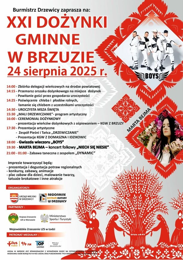 XXI Dożynki Gminne w Brzuzie 2025 z koncertami Boys i Marty Bejmy