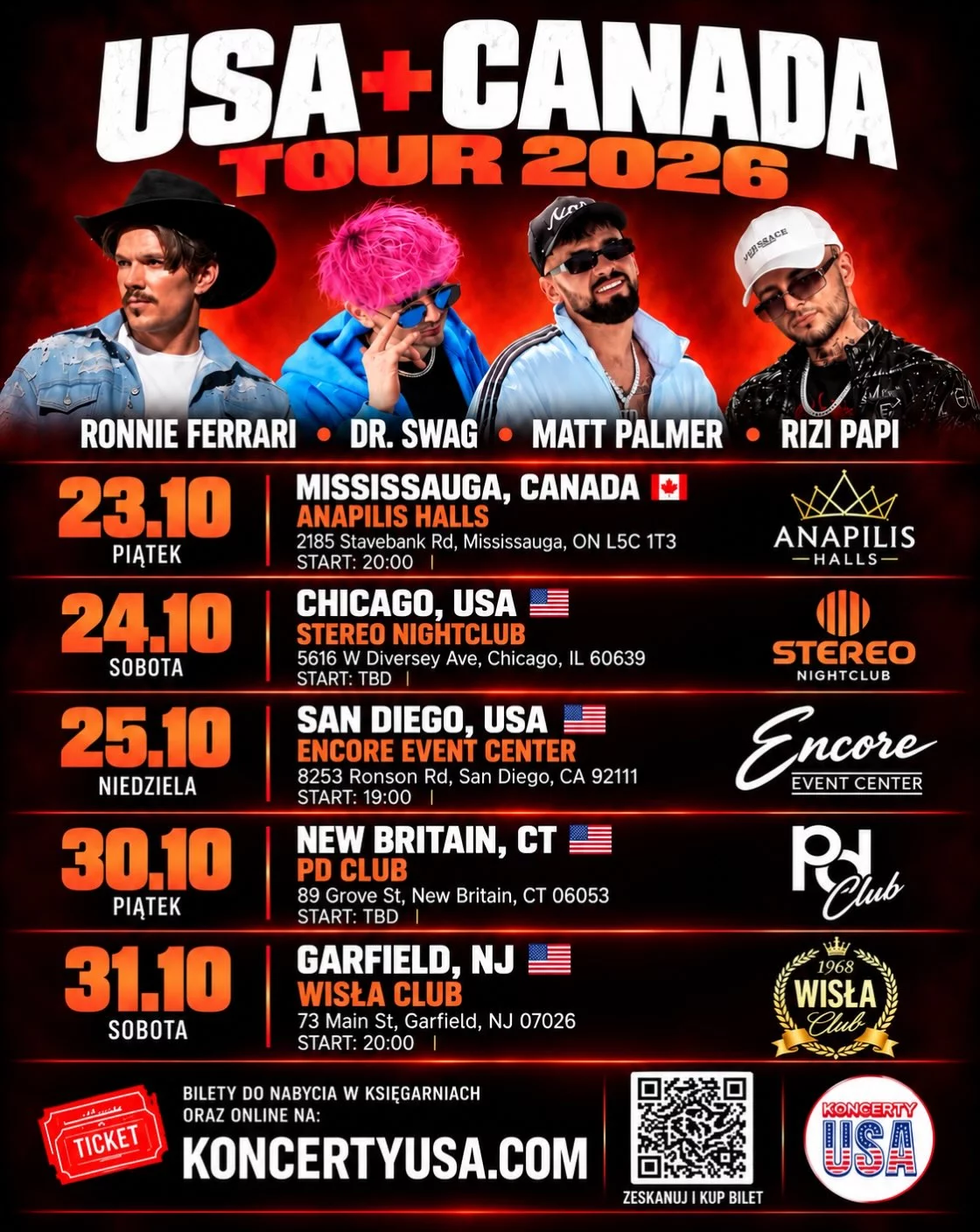 Ronnie Ferrari, Dr. Swag, Matt Palmer i Rizi Papi lecą za ocean. Pięć koncertów w USA i Kanadzie w październiku 2026