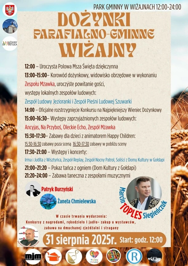 Dożynki Parafialno-Gminne w Wiżajnach 2025 z koncertem Marcina Siegieńczuka i Żanety Chmielewskiej