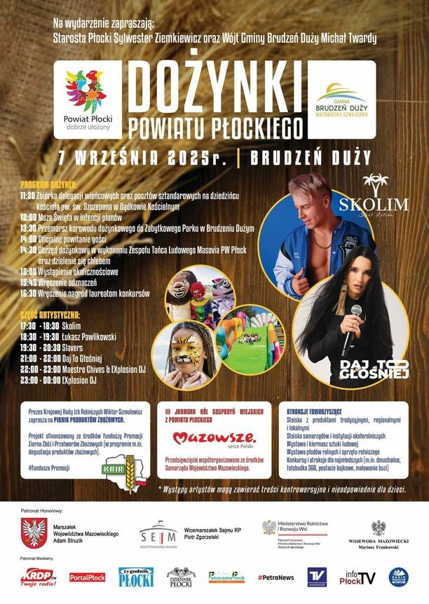 Dożynki Powiatu Płockiego 2025 w Brudzeniu Dużym z koncertami Skolima, Daj To Głośniej i zespołu Slavers