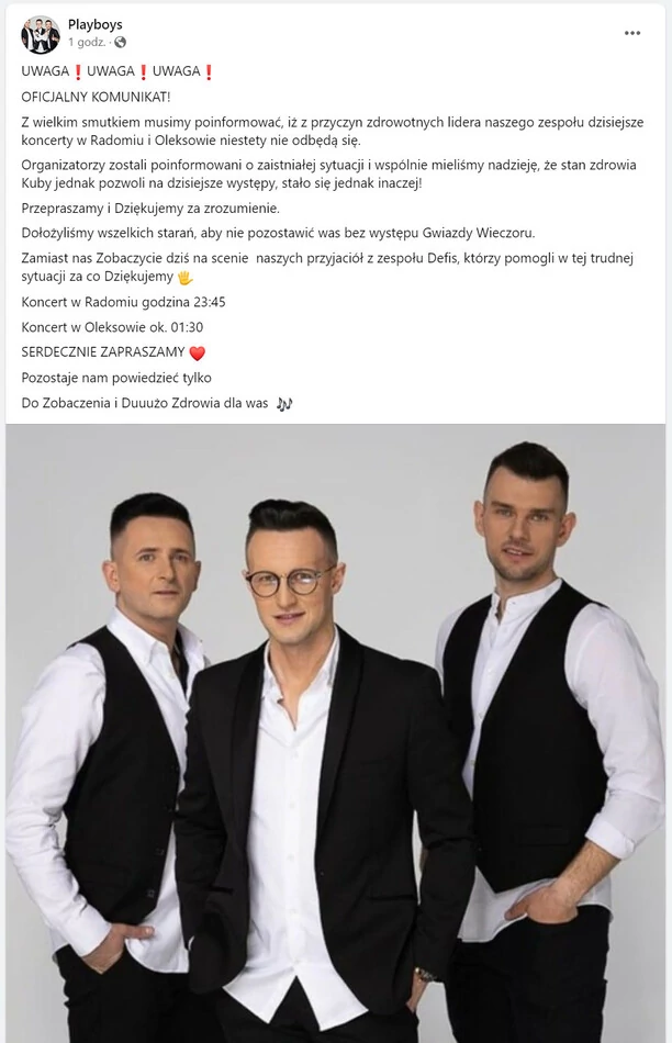 Z ostatniej chwili! Zespół Playboys odwołuje koncerty wielkanocne!