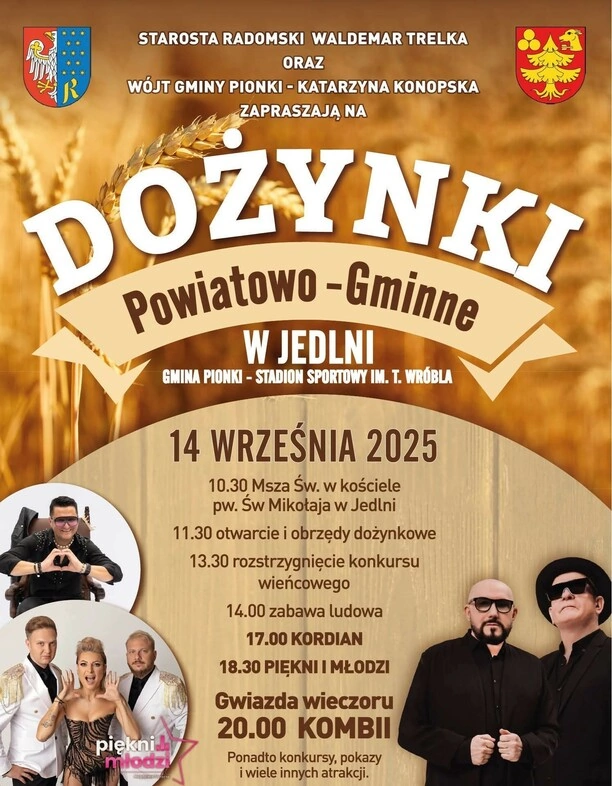 Dożynki Powiatowo-Gminne w Jedlni 2025 z koncertami Kombii, Pięknych i Młodych oraz Kordiana