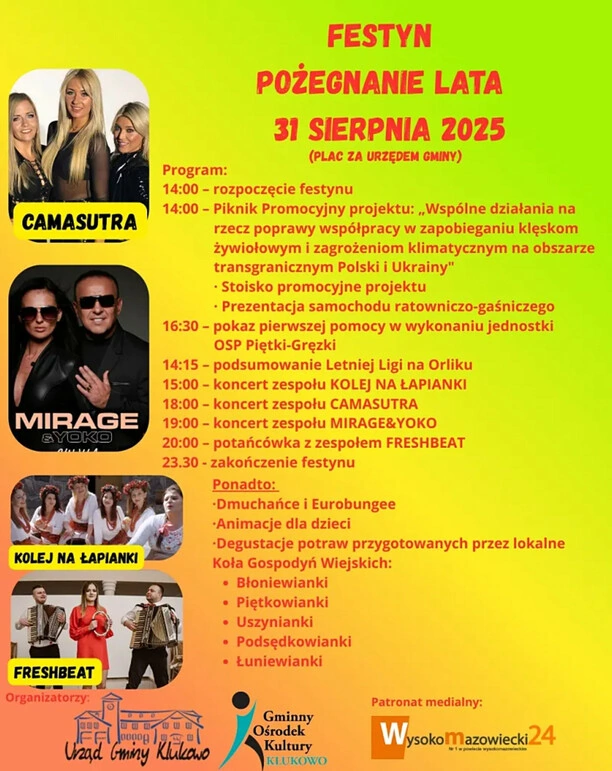 Festyn Pożegnanie Lata 2025 w Klukowie z koncertami Camasutra, Mirage & Yoko i potańcówką z zespołem FreshBeat