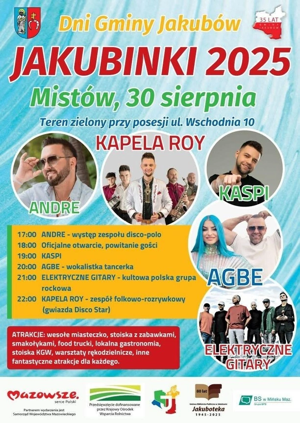 Jakubinki 2025 w Mistowie Andre, Kaspi, Agbe, Elektryczne Gitary i Kapela Roy na scenie podczas święta gminy