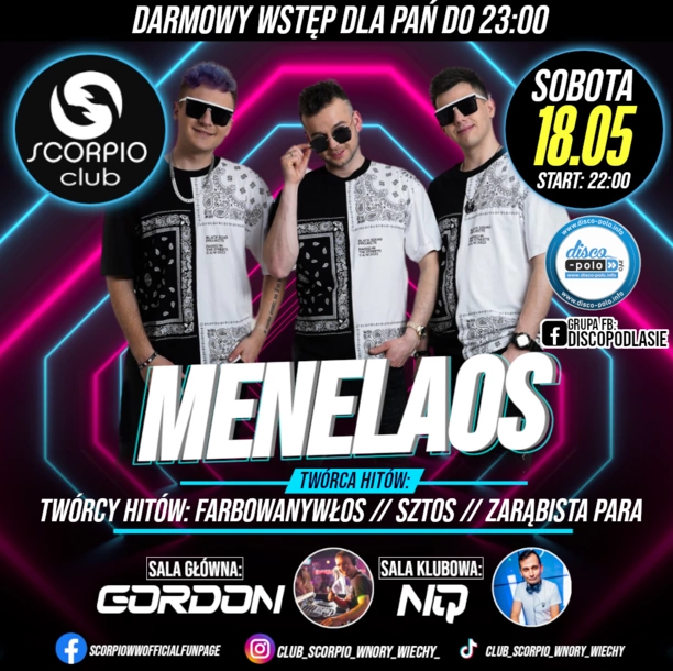 Darmowy wstęp dla pań! Niezapomniana noc z Menelaos już 18 maja w klubie Scorpio!

