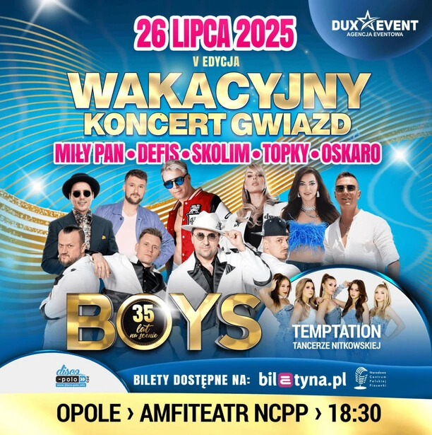 Wakacyjny Koncert Gwiazd 2025 w Opolu – 35-lecie BOYS, Skolim, Defis i plejada hitów disco polo!

