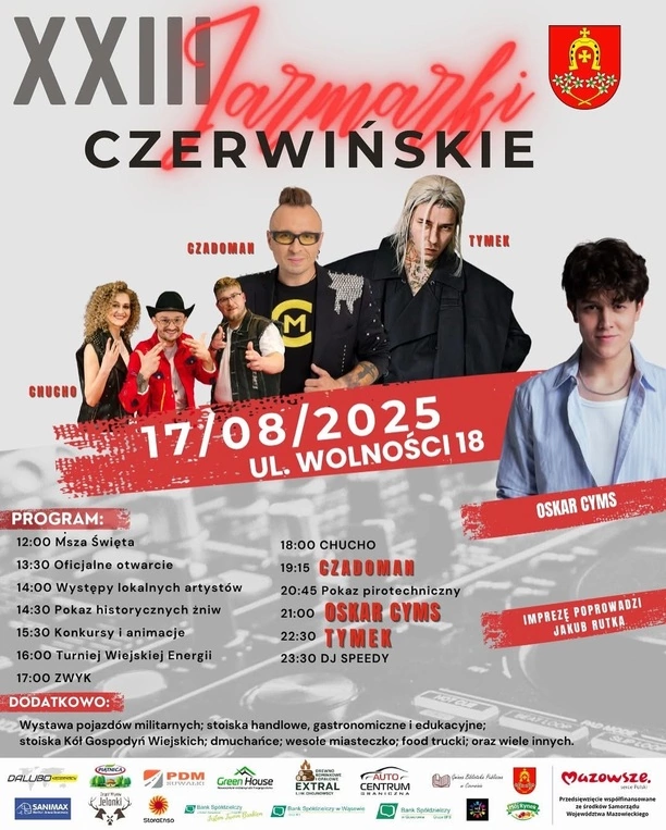 XXIII Jarmarki Czerwińskie 2025 z gwiazdami – Czadoman, Chucho, Oskar Cyms i Tymek rozgrzeją scenę do czerwoności

