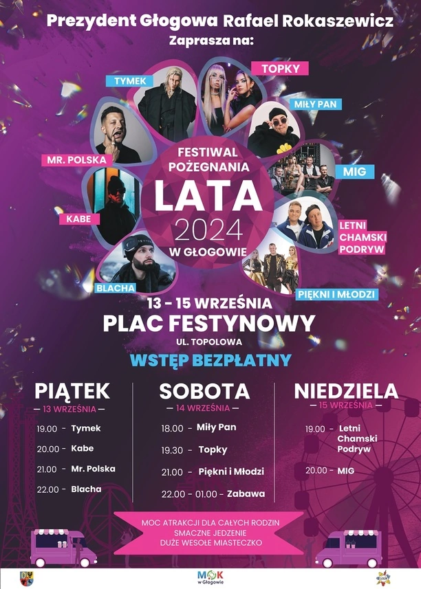 Pożegnanie lata 2024 w Głogowie: trzy dni pełne muzyki – rap i disco polo na Placu Festynowym | KONCERT

