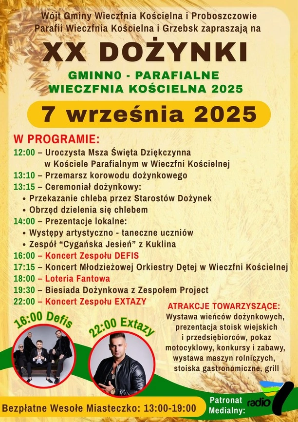 XX Dożynki Gminno Parafialne w Wieczfni Kościelnej 2025 z koncertami zespołów Defis i Extazy