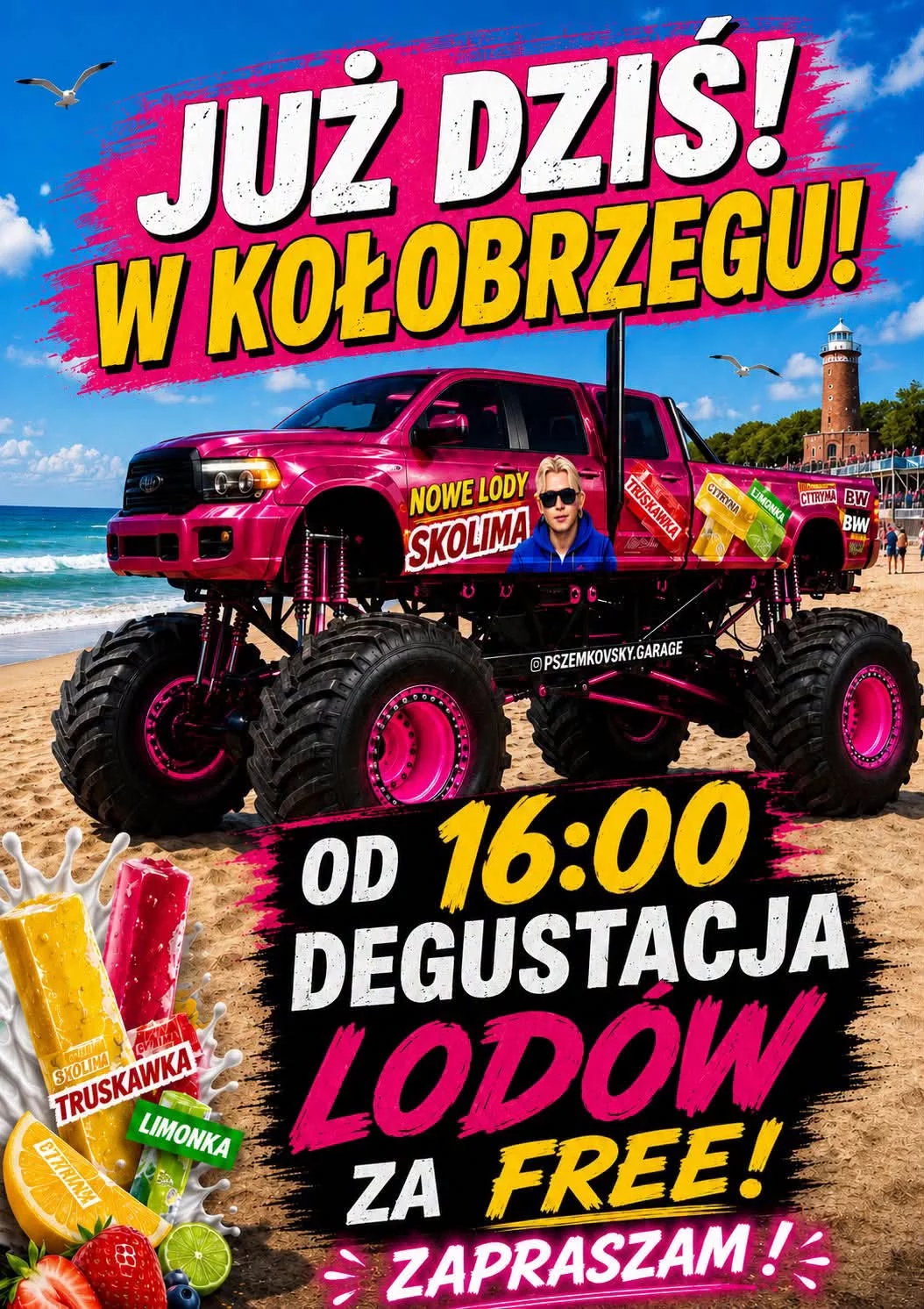 Skolim rozdaje lody za darmo w Kołobrzegu. Wystarczy znaleźć różowy monster truck