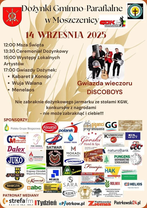 Dożynki Gminno-Parafialne w Moszczenicy 2025 z zespołem Discoboys, Wuja Walana oraz Menelaos