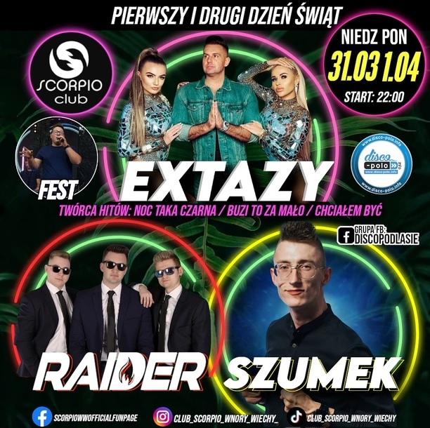 Wielkanocny koncert w klubie Scorpio Wnory Wiech! Wystąpią: Extazy, Raider oraz Szumek!