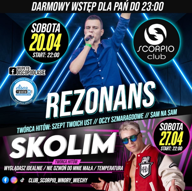 Wiosenna gorączka disco polo w Scorpio! Skolim i Rezonans rozgrzeją Wnory Wiechy już 20 i 27 kwietnia!