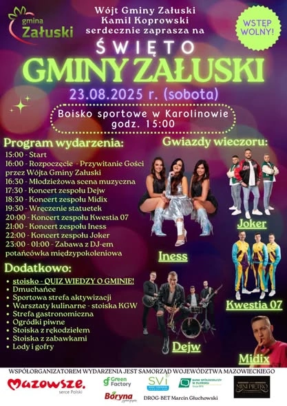 Święto Gminy Załuski 2025 w Karolinowie z koncertami Dejw, Iness, Joker i Kwestia 07