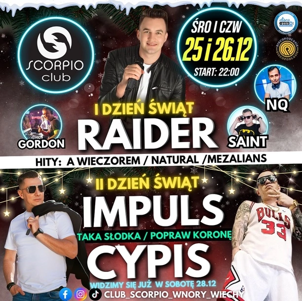Święta w Klubie Scorpio – koncerty Raider, Impuls i Cypis czekają na Ciebie!