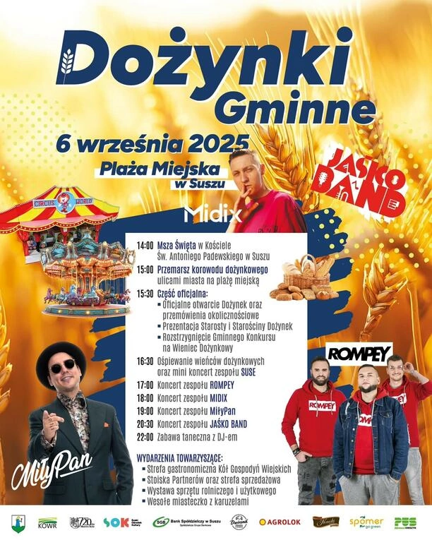 Dożynki Gminne 2025 w Suszu: MiłyPan, Rompey, Midix i Jaśko Band wystąpią na Plaży Miejskiej