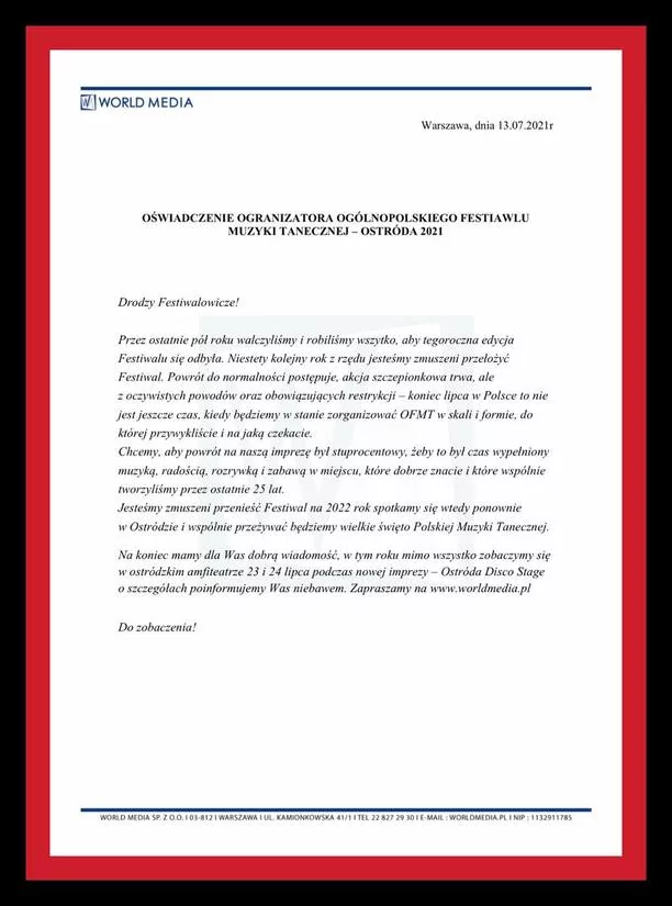 Ważne oświadczenie organizatorów Festiwalu Muzyki Tanecznej w Ostródzie! Czy w tym roku fani będą mogli pobawić się przy ulubionych przebojach disco polo?!