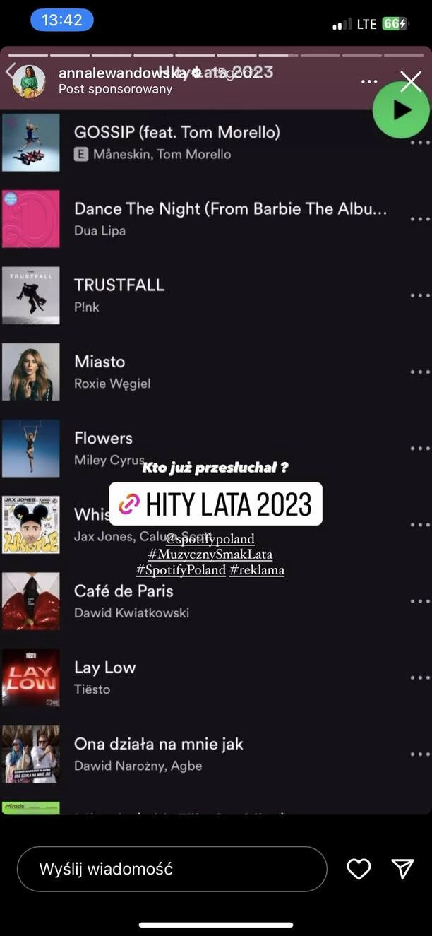 Anna Lewandowska słucha hitu Dawida Narożnego i Agbe „Ona działa na mnie jak„! Pokazała swoją playlistę na Spotify. 