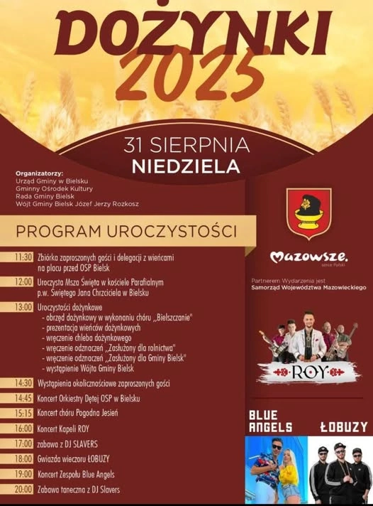 Dożynki 2025 w Bielsku z gwiazdami disco polo.  Koncerty Łobuzów, ROY i Blue Angels