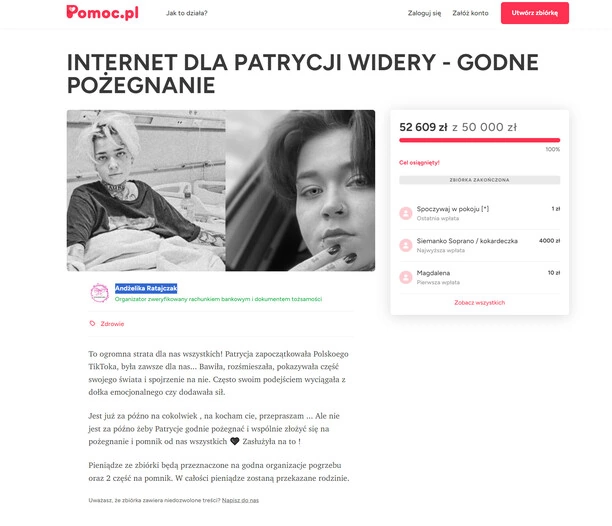 Internet żegna Patrycję Widerę! Zebrano ponad 52 tysiące w specjalnej zbiórce!