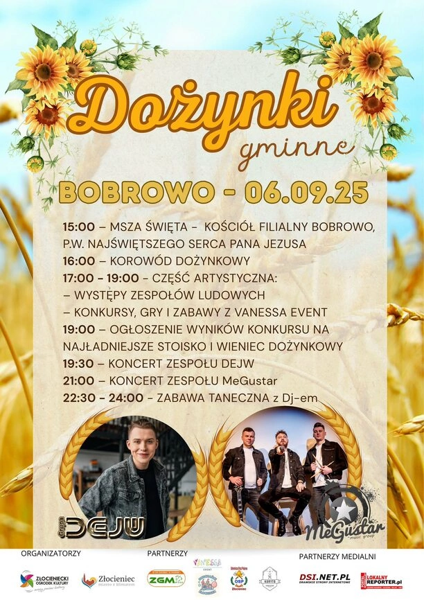 Dożynki Gminne Bobrowo 2025 – pełen program wydarzenia, koncert zespołu Dejw i MeGustar