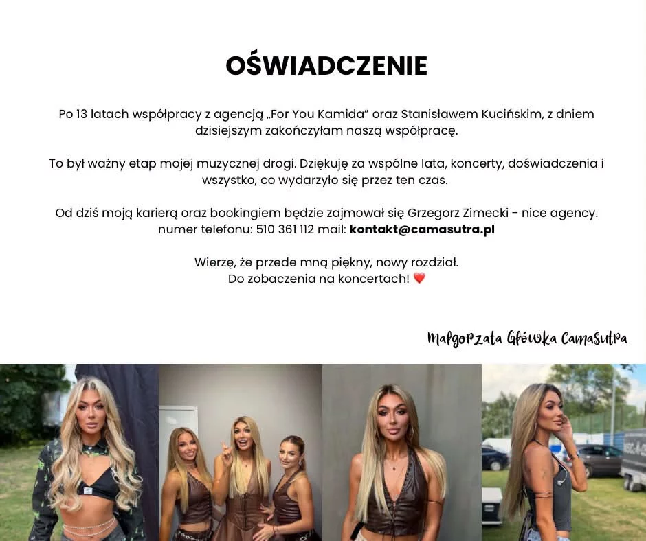 Koniec po trzynastu latach! Wokalistka CamaSutry Małgorzata Główka żegna agencję For You Kamida