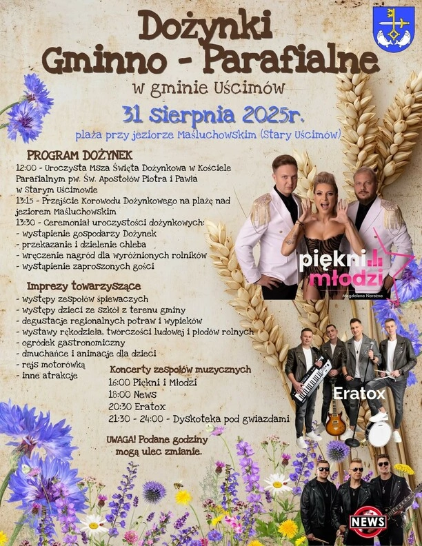 Dożynki Gminno-Parafialne w Uścimowie 2025. Piękni i Młodzi, Eratox i News wystąpią na scenie