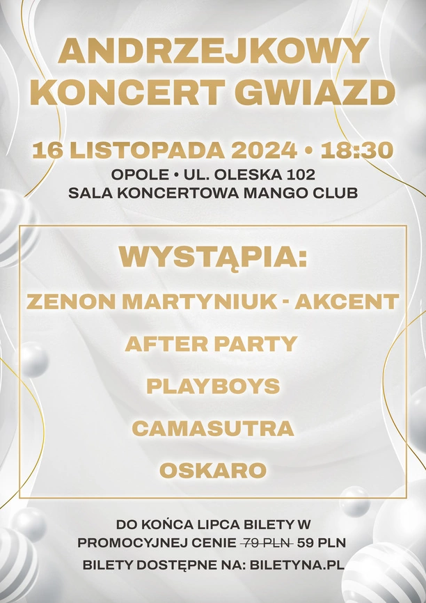 Andrzejkowy Koncert Gwiazd w Opolu już 16 listopada: Zenon Martyniuk, After Party, PlayBoys i więcej!

