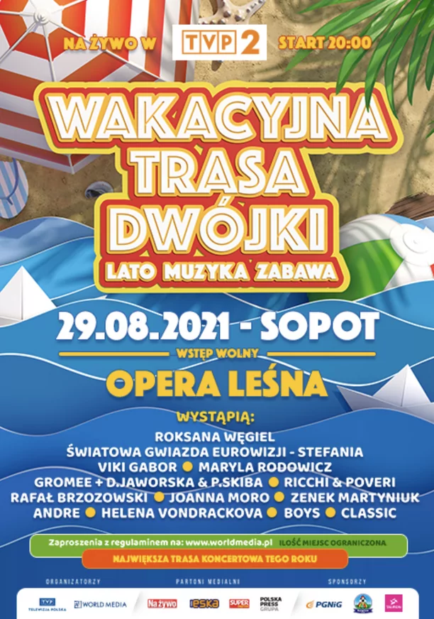Już dzisiaj ostatnia odsłona Wakacyjnej Trasy Dwójki! Na scenie w Sopocie wystąpi m.in. Zenek Martyniuk, Marcin Miller i wiele innych gwiazd disco polo! 