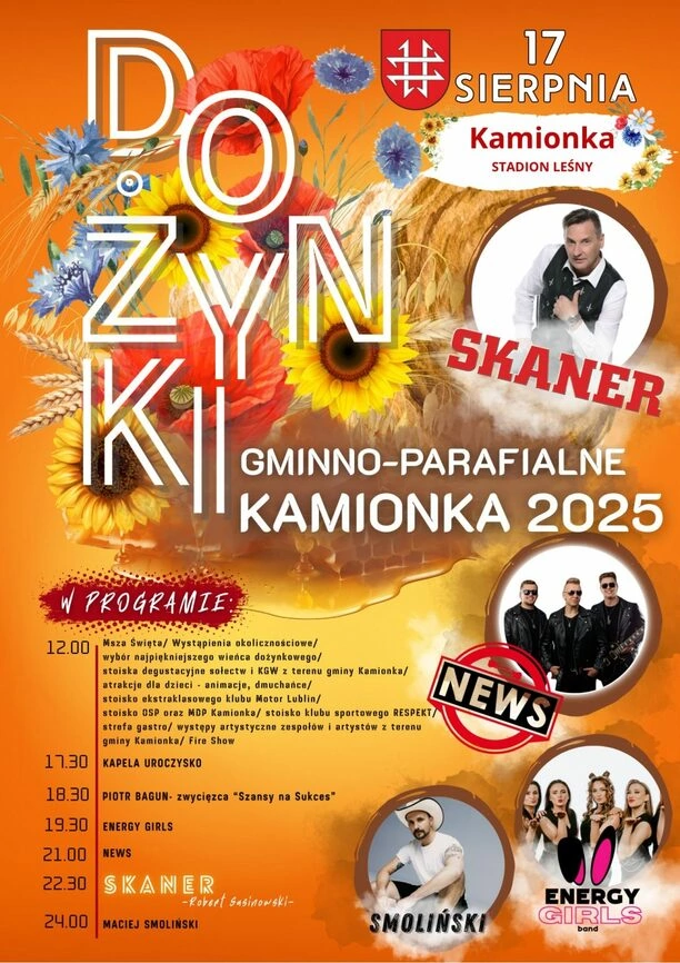 Dożynki Gminno-Parafialne w Kamionce 2025 z koncertami Energy Girls, News, Skaner i Macieja Smolińskiego

