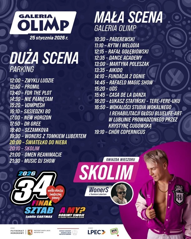 Skolim i Woners z Tomkiem Lubertem zagrają na 34. Finale WOŚP w Galerii Olimp w Lublinie