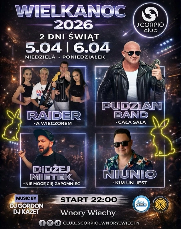 Wielkanoc 2026 w Club Scorpio. Pudzian Band, Didżej Mietek Raider i Niunio na scenie przez dwa dni świąt